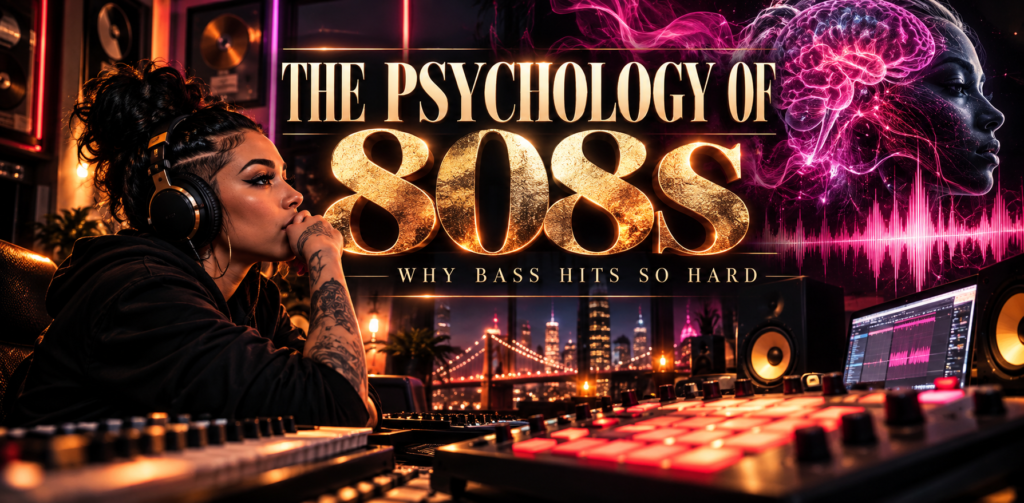 The psychology of 808s illustrated through bass frequencies, a music producer, studio equipment, and a glowing brain