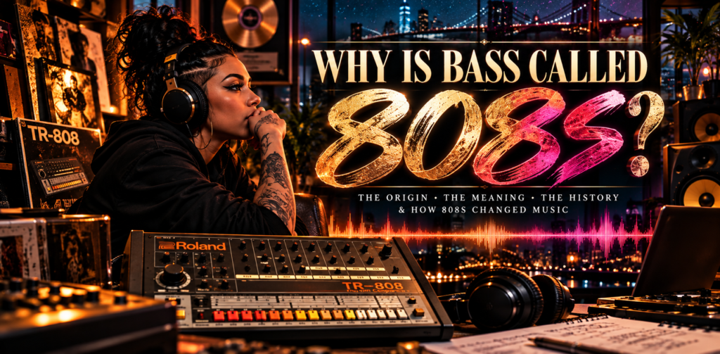 Why is bass called 808s illustration featuring the Roland TR-808 drum machine in a professional music studio